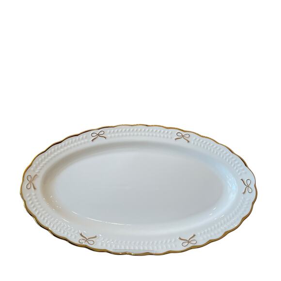 BELLA LUX Gold Bow Coquette Oval Serving Platter 14x8 White Ceramic NEW - Picture 7 of 10